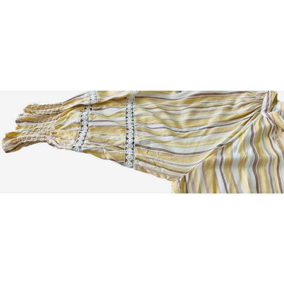 COMO BLACK WOMEN LONG SLV BUTTON V-NECK BLOUSE, WOMANS, 3X, YELLOW TAN STRIPES - Picture 7 of 11